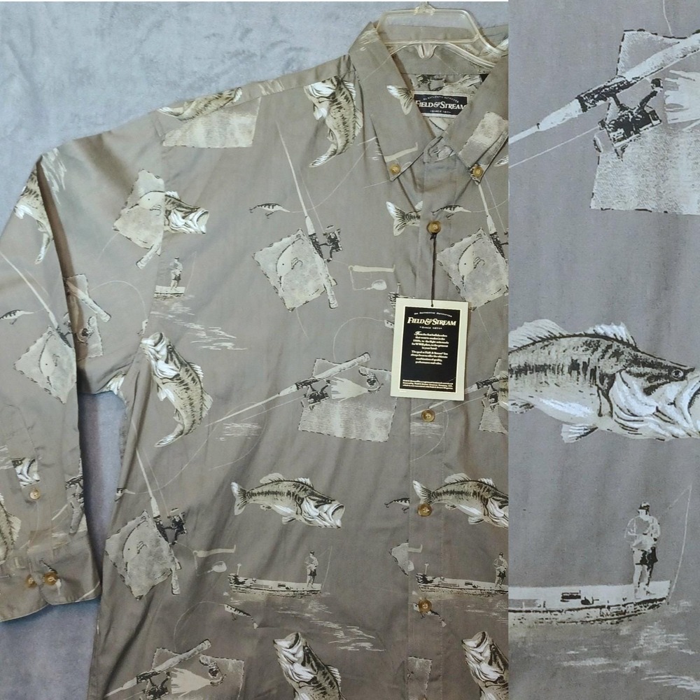 Vintage Field & Stream Shirt Mens Grey XXL Fishing‎ AOP Fish Boat Rod *READ